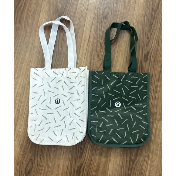 2 Lululemon Reusable Tote Bags 12x9.5x4 in. White  Breathe Deeply and Green Logo - Picture 1 of 9